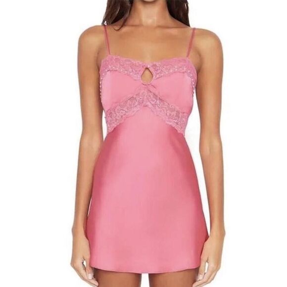 Danielle Guizio Pink Lace Beaded Slip Dress XL Babydoll Y2K Party Mini Sexy - Picture 16 of 16
